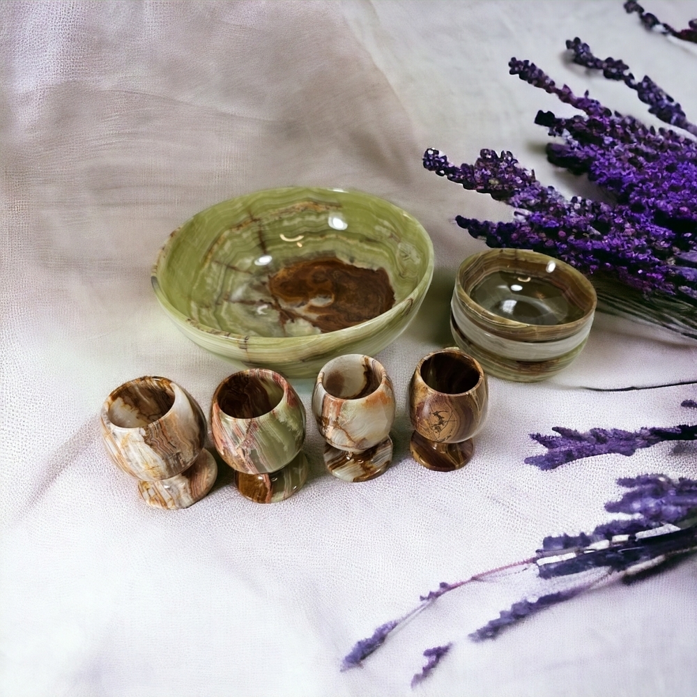 Gorgeous green and brown onyx bowls  and shot glasses